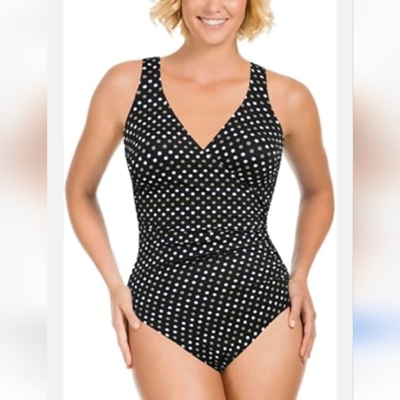 Kirkland by Miraclesuit Women's Size 16 Swimsuit Black White Polka Dot One Piece - Picture 1 of 10
